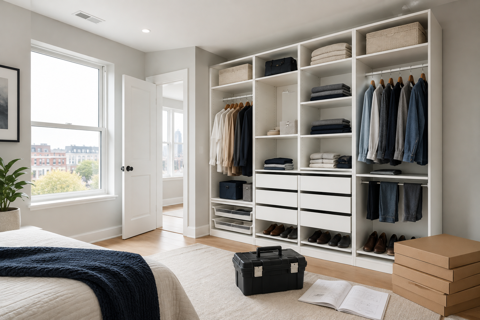 Modern wardrobe system prepared for furniture assembly in Philadelphia