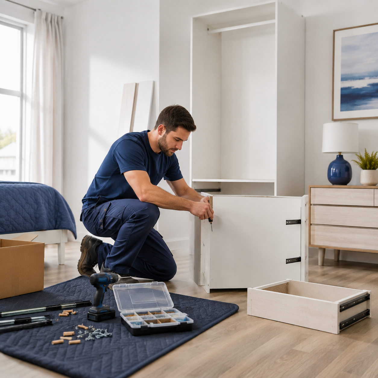 Furniture assembler working on a dresser in a Philadelphia-area home