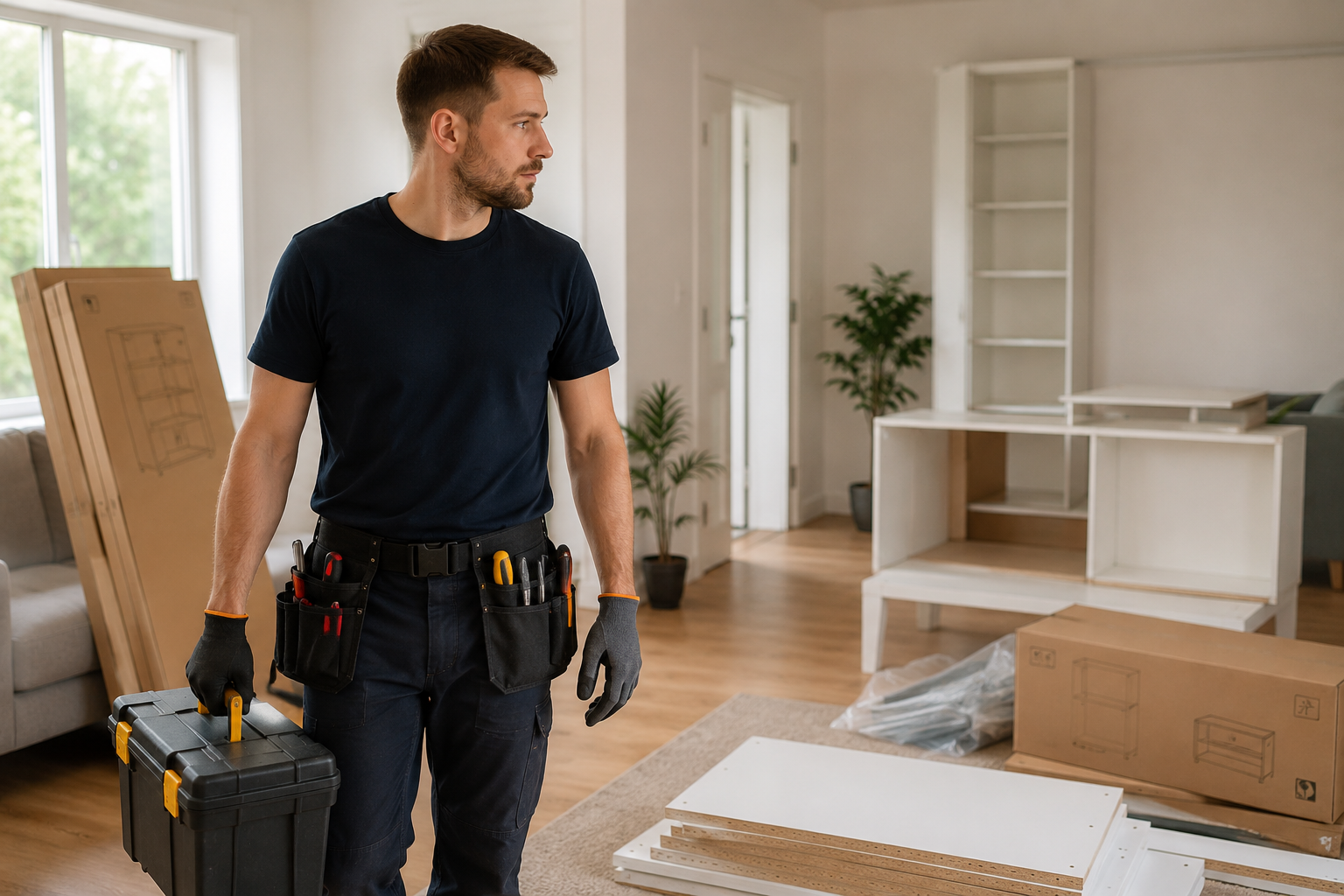 Furniture assembly specialist in a Philadelphia-area home with tools and flat-pack furniture