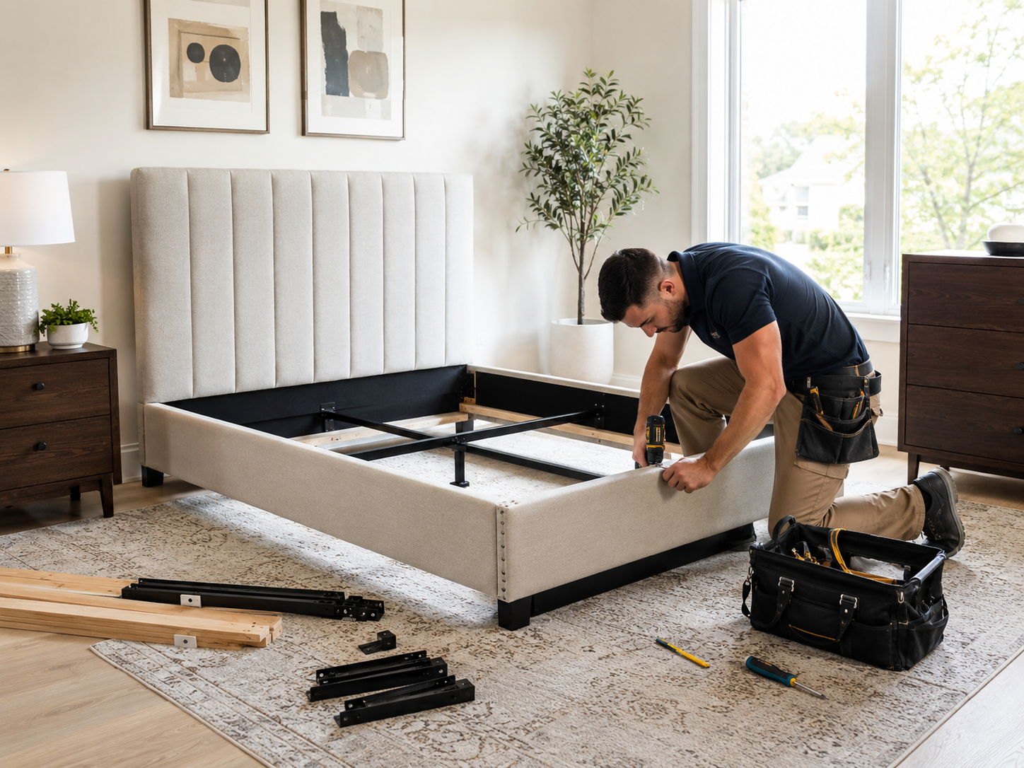 Bed assembly in a Feasterville-Trevose PA bedroom with installer assembling an upholstered bed frame