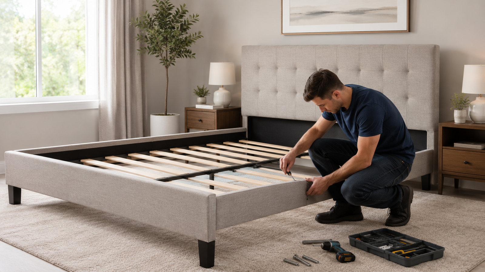 Bed assembly in a Huntingdon Valley PA bedroom with installer attaching upholstered bed frame and wooden slats