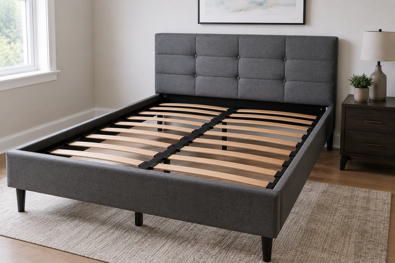 Platform bed assembly in Philadelphia with upholstered frame and wooden slat support system