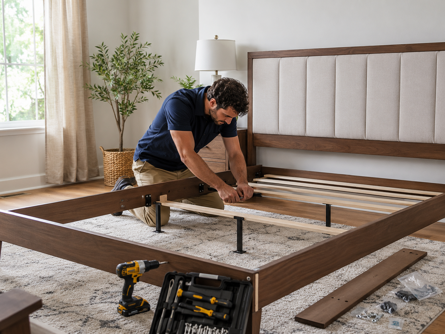 Bed assembly in a Southampton PA bedroom with installer assembling a wooden upholstered bed frame