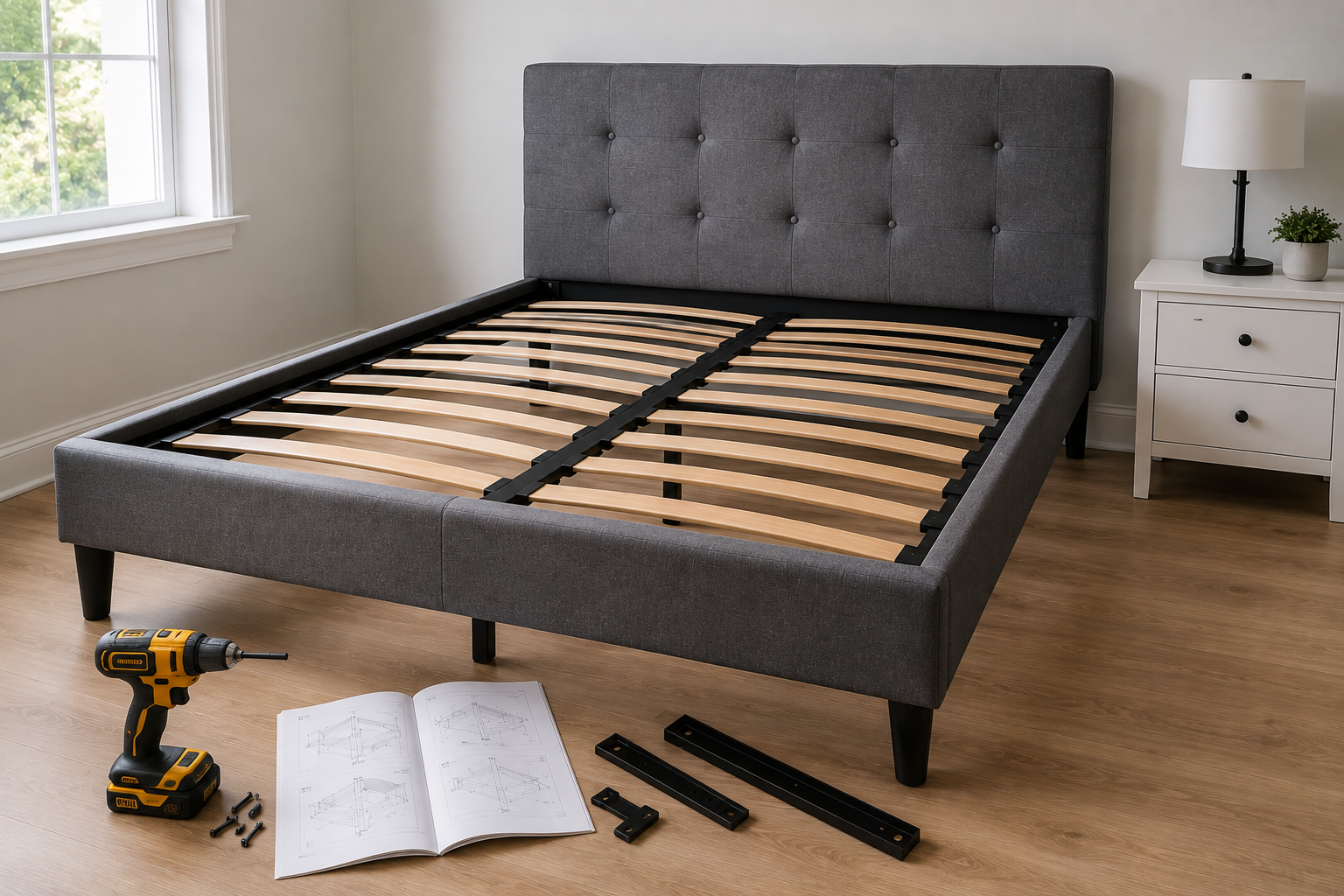 Bed frame assembly in Philadelphia with upholstered bed, wooden slats, drill, hardware and instructions