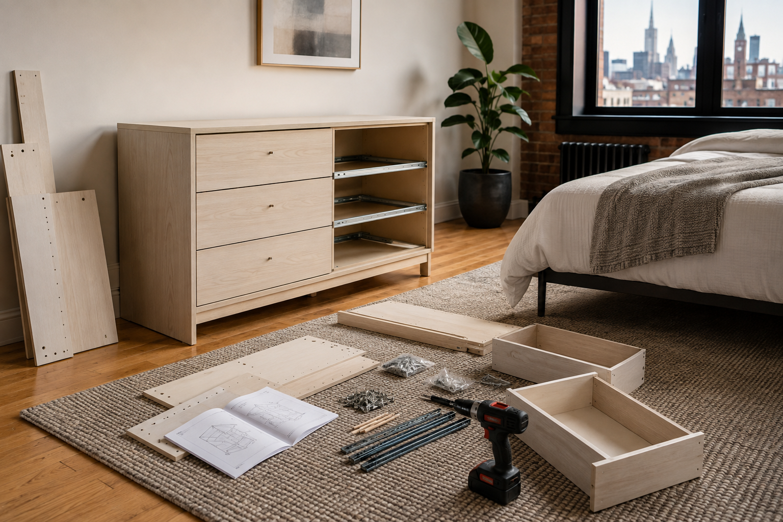 Dresser assembly in Philadelphia with drawers, panels, hardware and tools in a bedroom