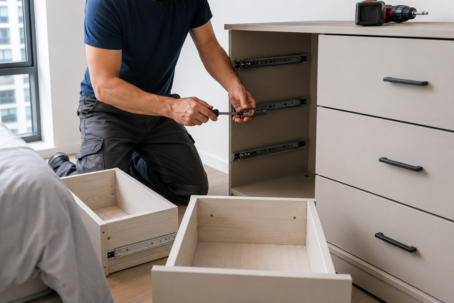 Dresser drawer rail assembly in Philadelphia with installer attaching metal drawer slides