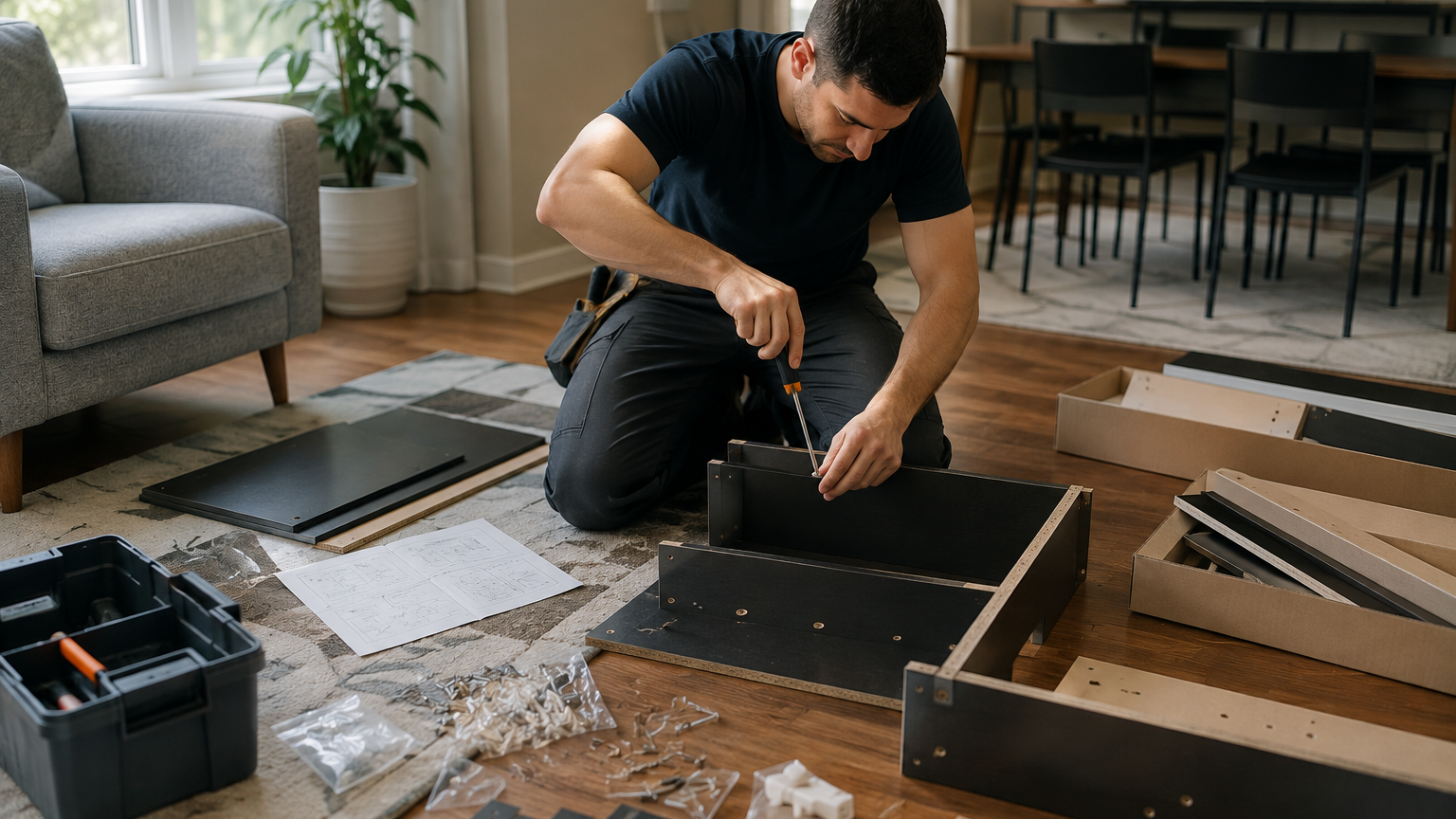 Furniture assembly in an Abington PA home with installer building flat-pack furniture