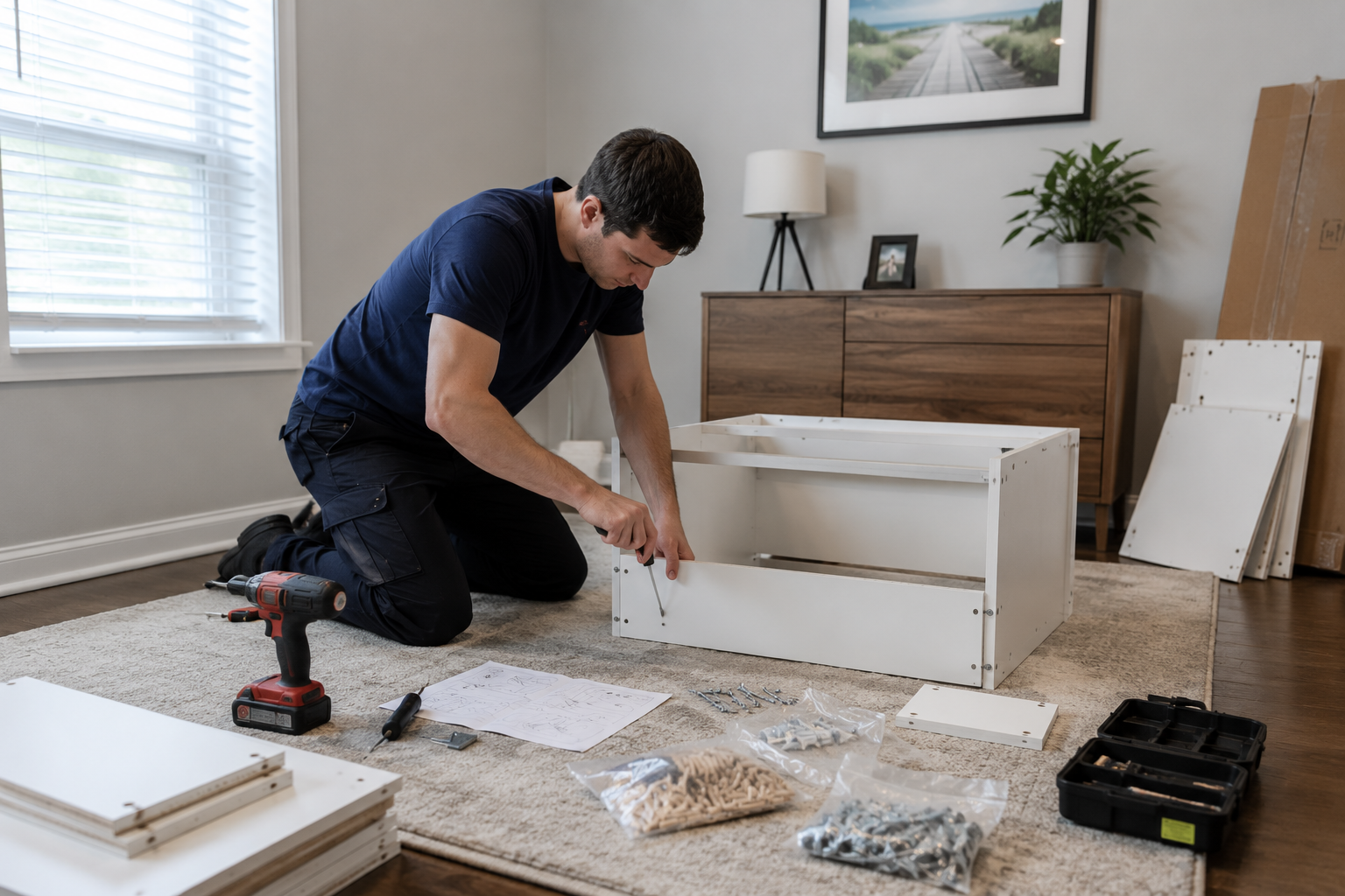 Furniture assembly in a Bensalem PA home with installer building flat-pack furniture