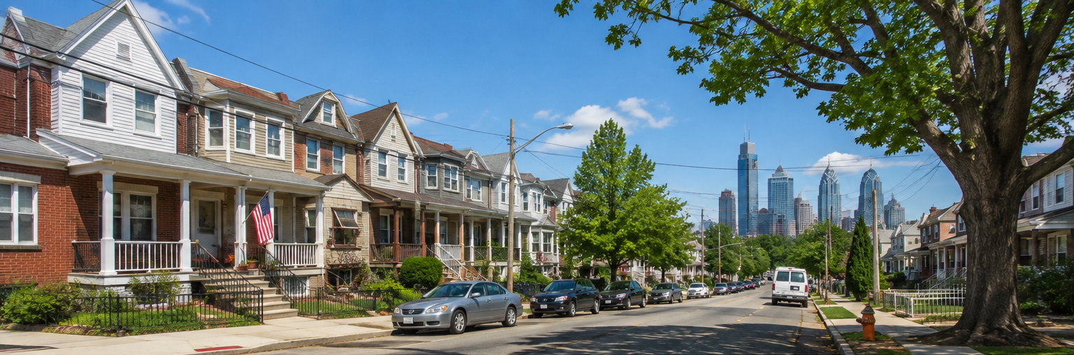Furniture assembly in Northeast Philadelphia residential neighborhood with rowhomes and local streets