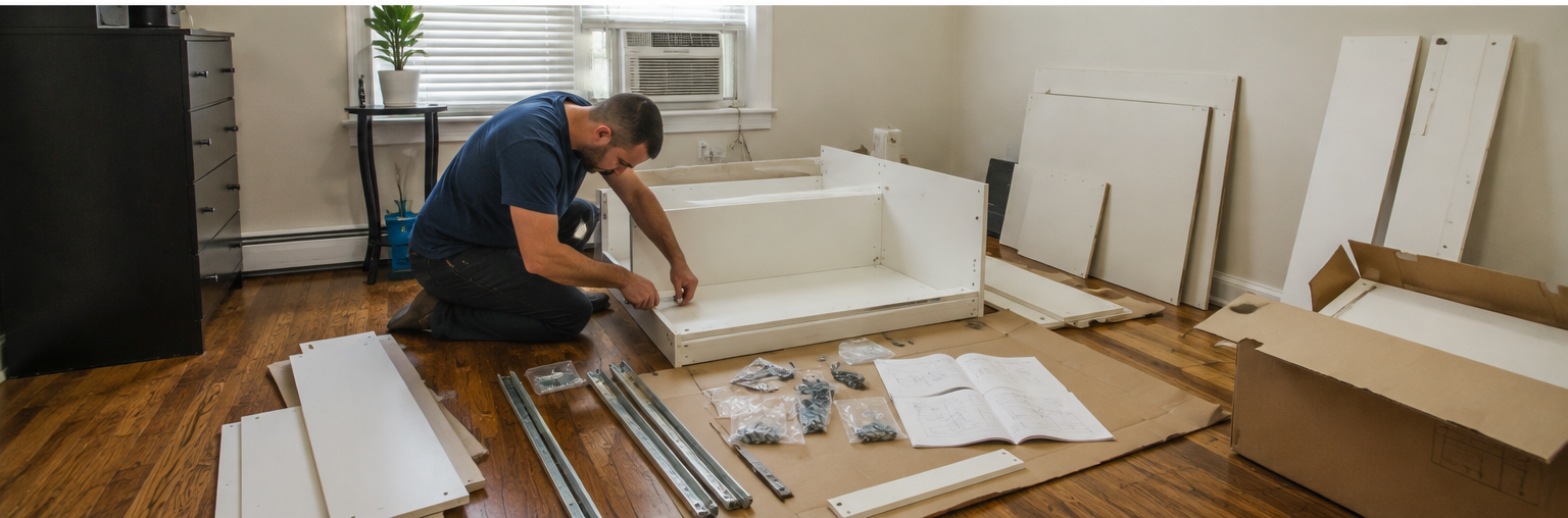 Furniture assembly in a Northeast Philadelphia home with installer building flat-pack furniture