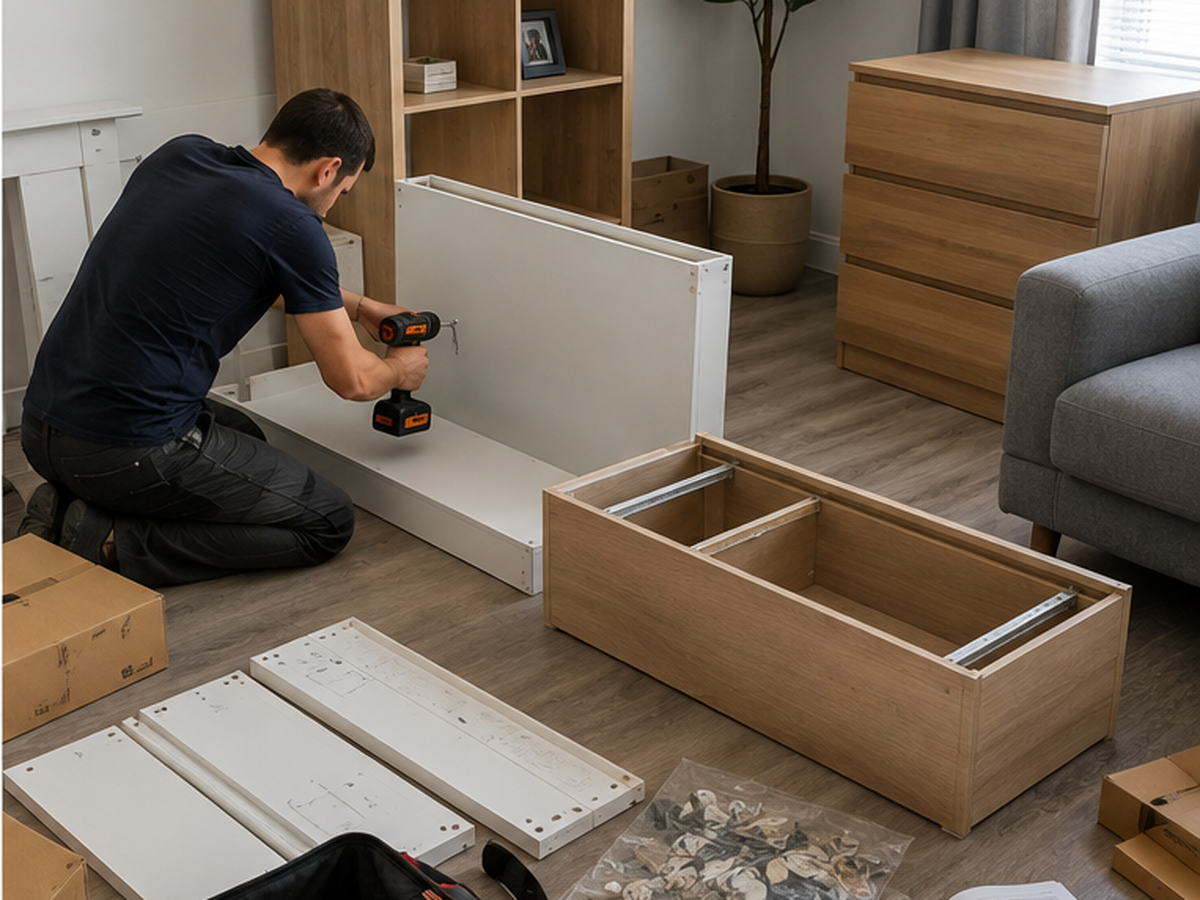 Furniture assembly in a Philadelphia-area home with installer building flat-pack furniture