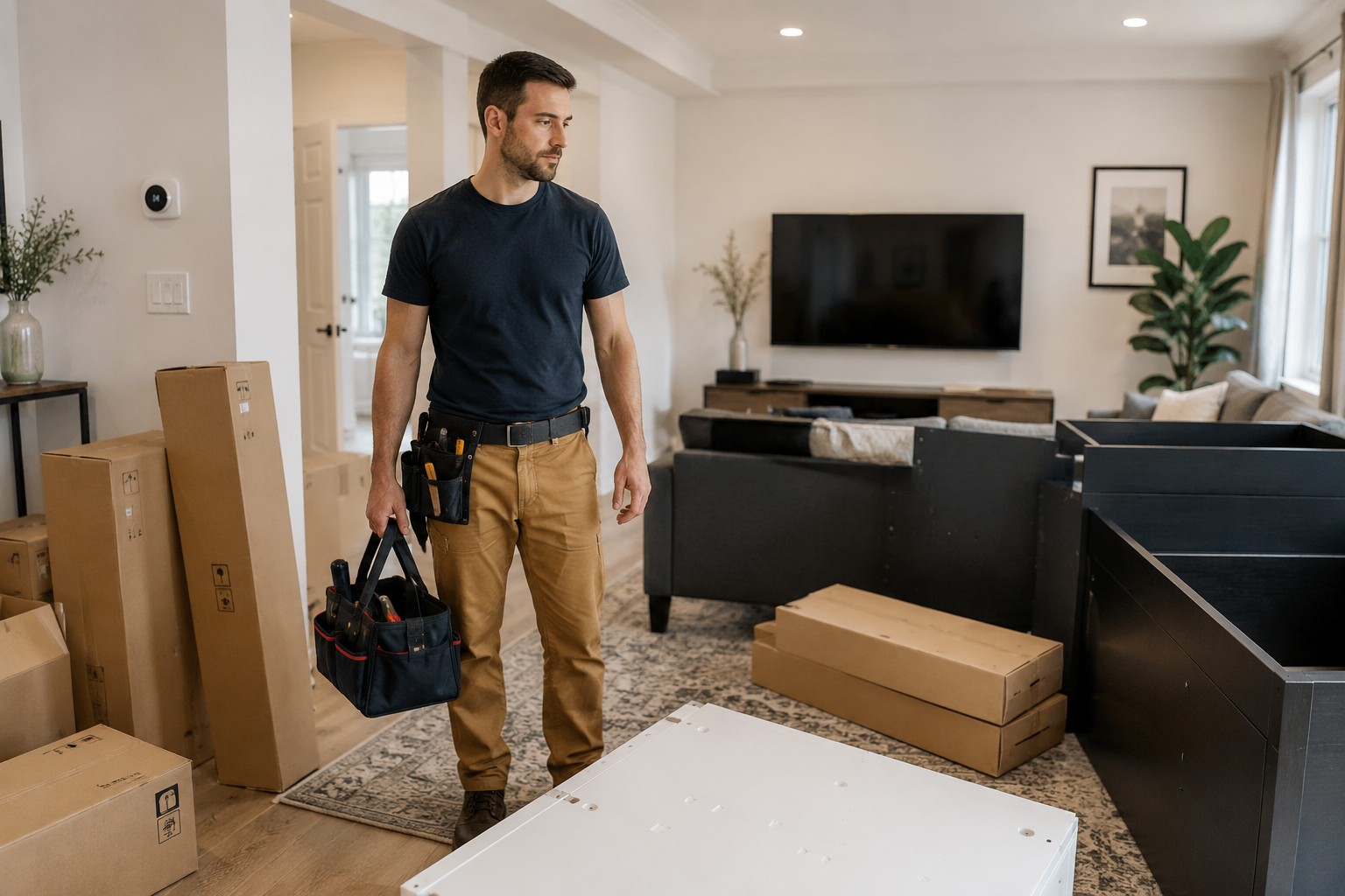 Furniture assembler with tools and flat-pack furniture during an in-home assembly project