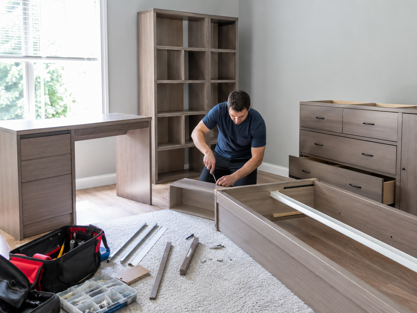 Furniture assembly in a Willow Grove PA home with installer building flat-pack furniture