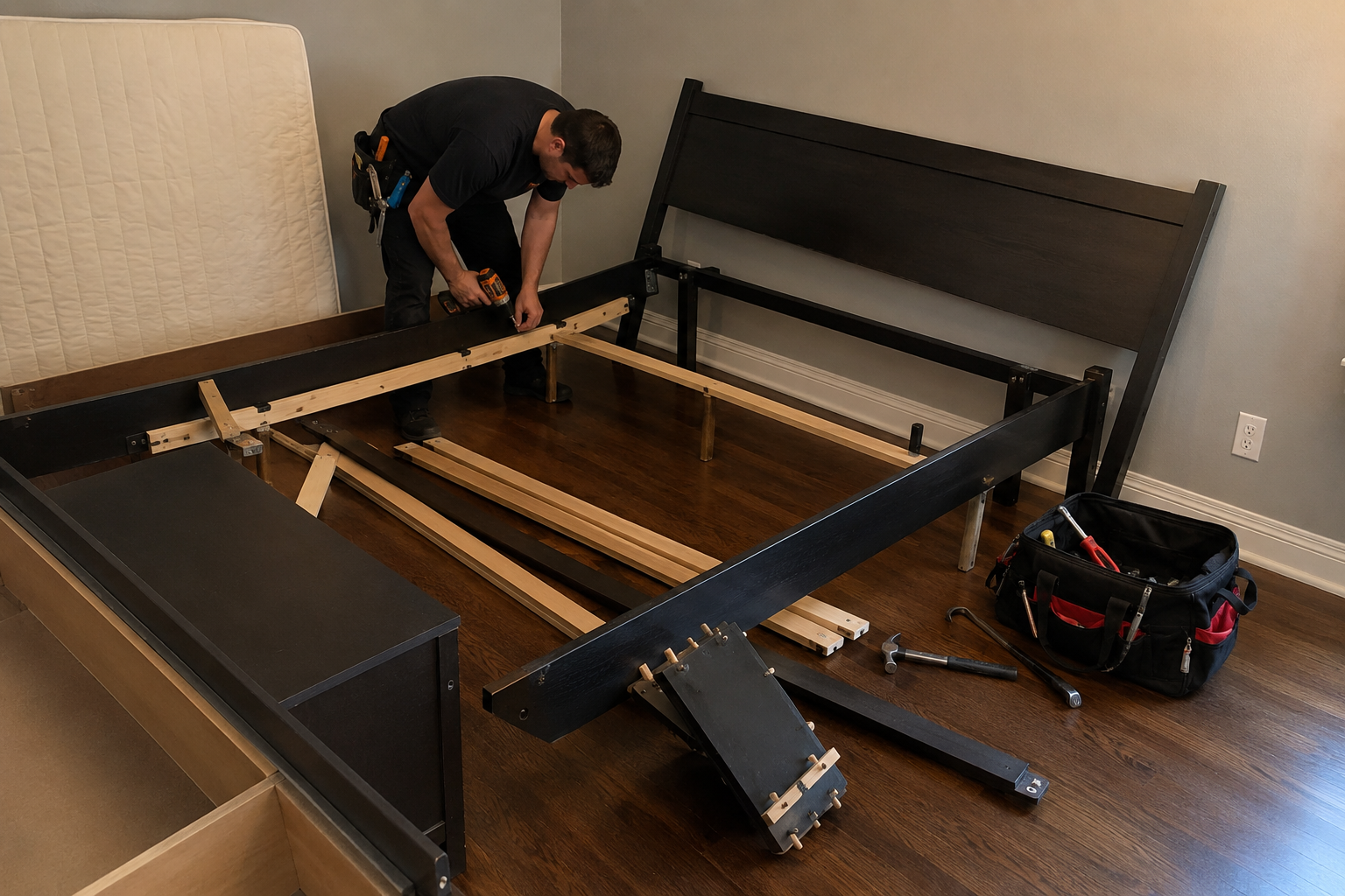 Furniture reassembly in Philadelphia with bed frame being rebuilt in a bedroom