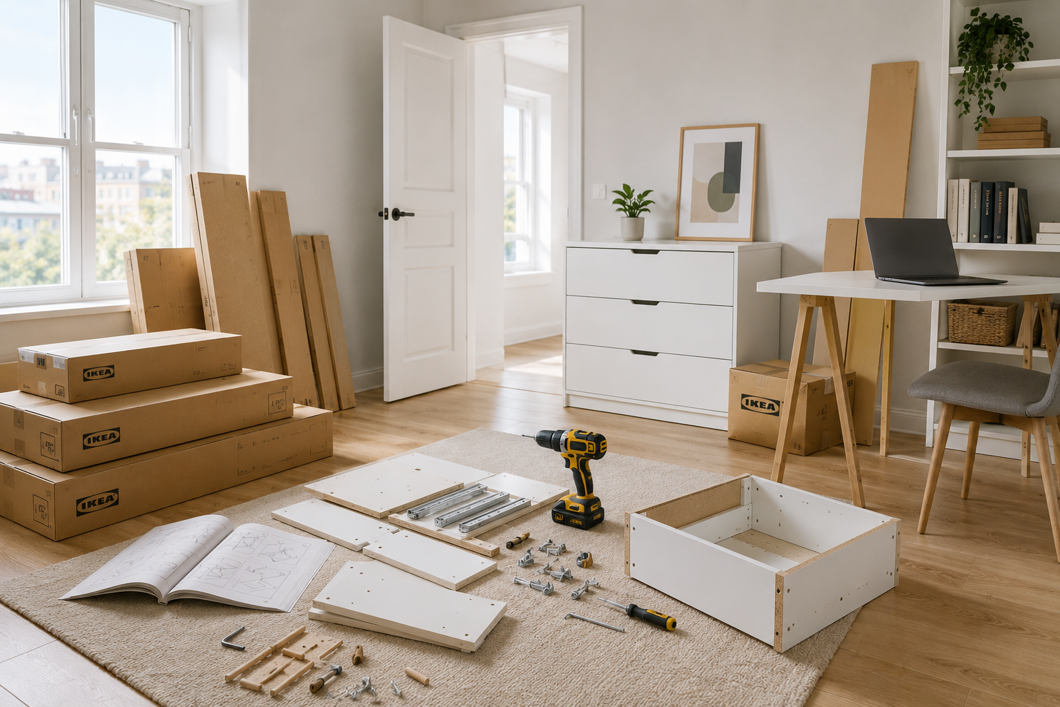 IKEA furniture assembly in Philadelphia with flat-pack furniture parts, tools and hardware