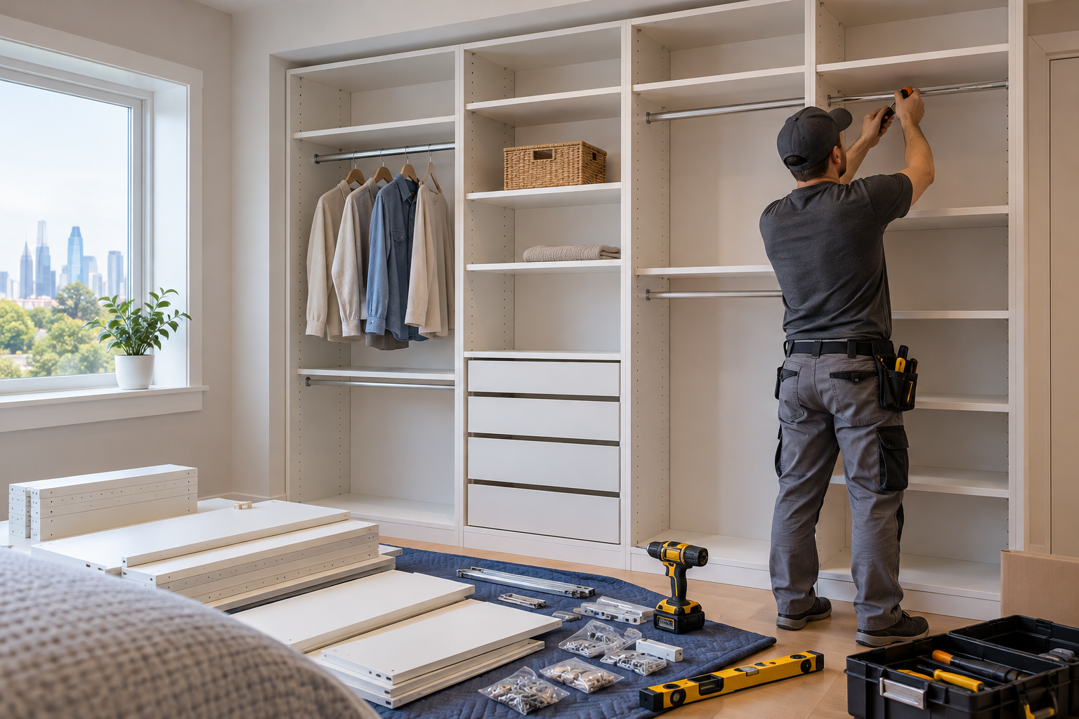 Technician assembling a modular closet system with shelves, drawers and hanging rails