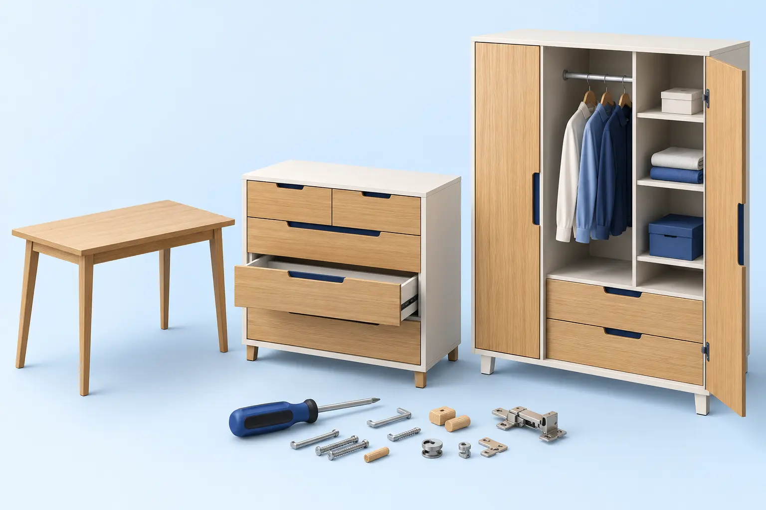 Furniture assembly cost factors illustrated with a simple table, a dresser and a wardrobe with shelves and drawers.