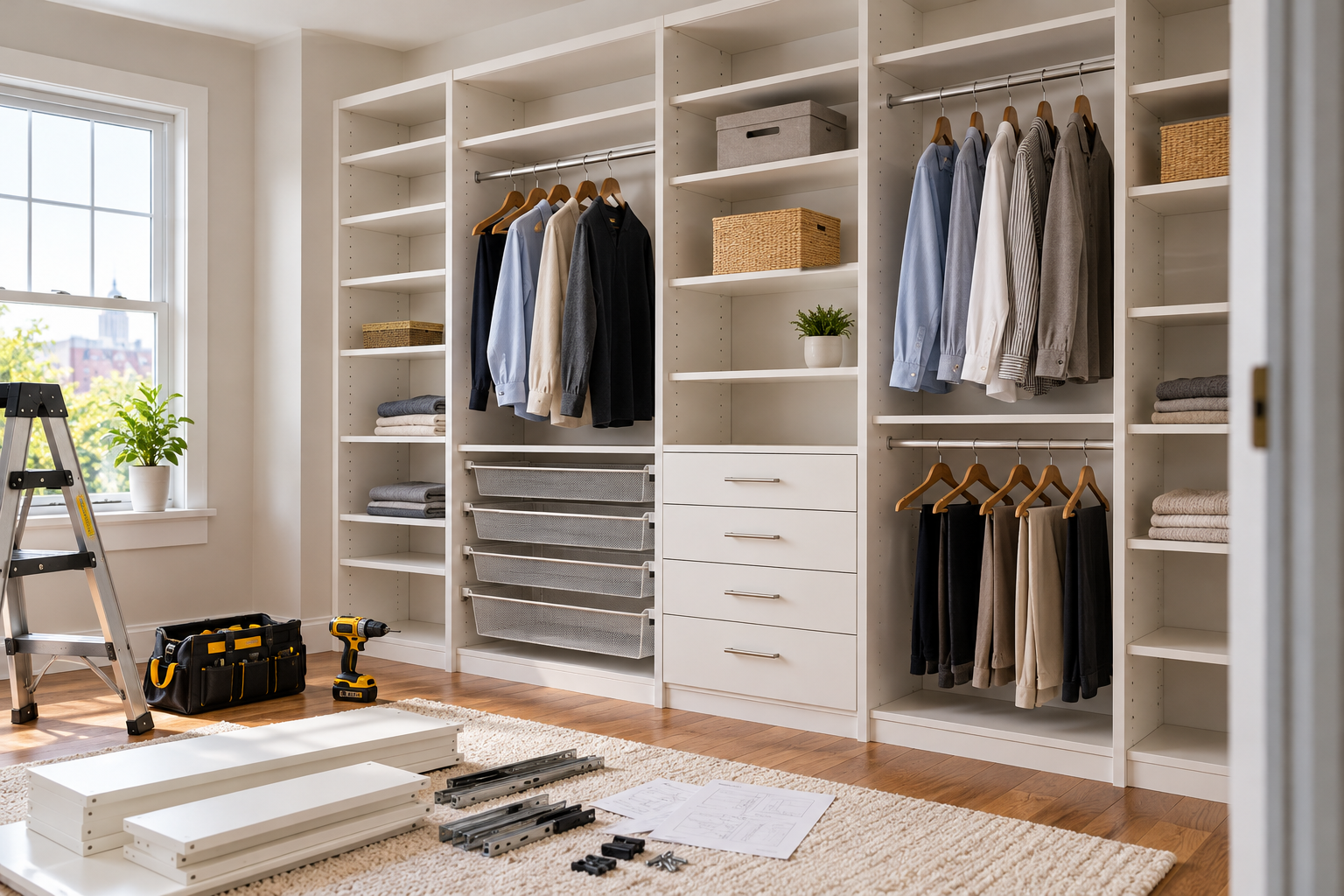 Modern modular closet system with shelves, drawers, baskets and hanging sections