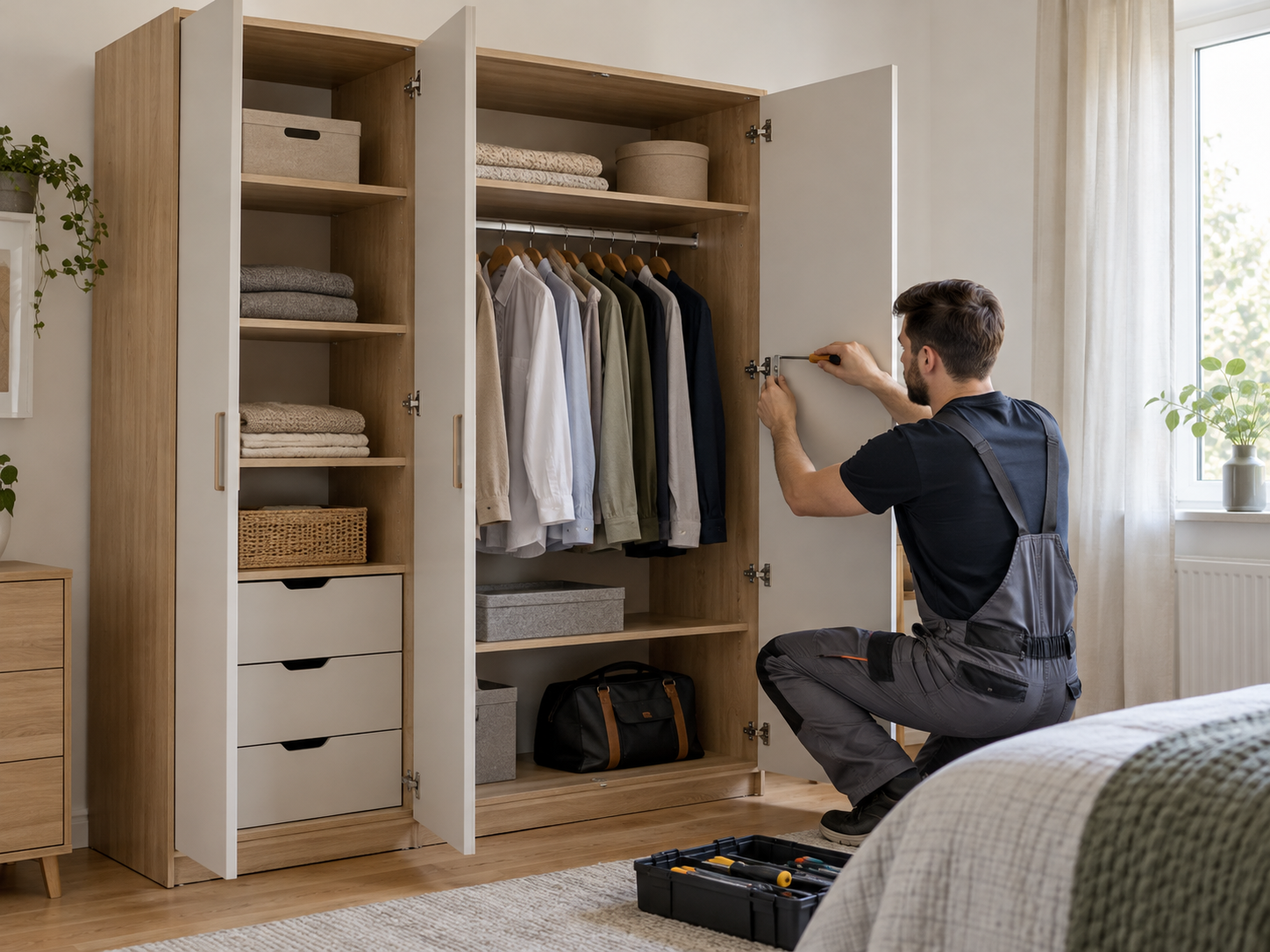 Technician adjusting wardrobe doors during bedroom furniture assembly